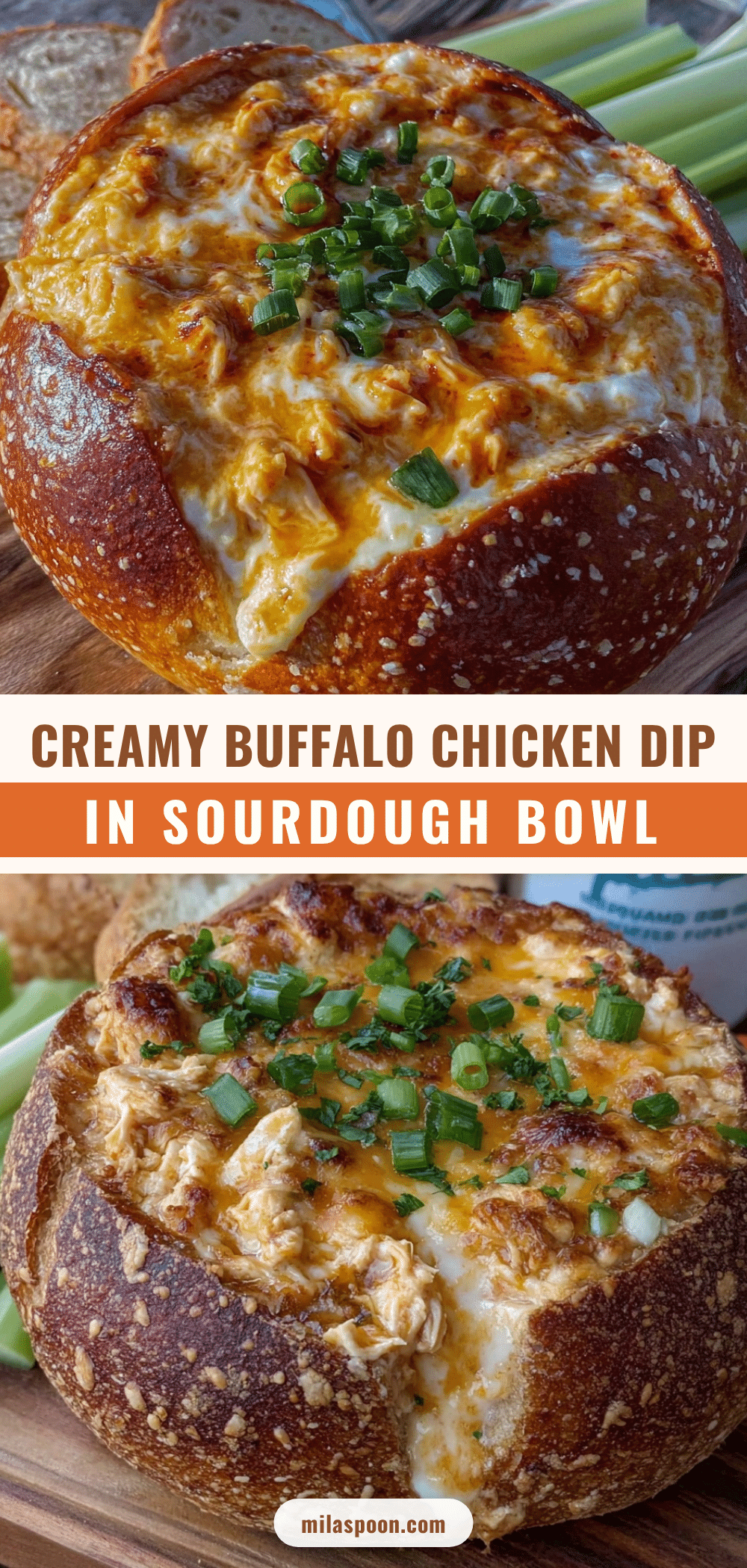 creamy buffalo chicken dip baked in sourdough bread bowl recipe